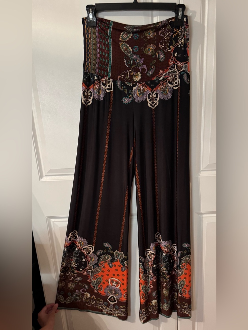 Wide Leg Printed Palazzo Pants - Black & Orange Sz Med